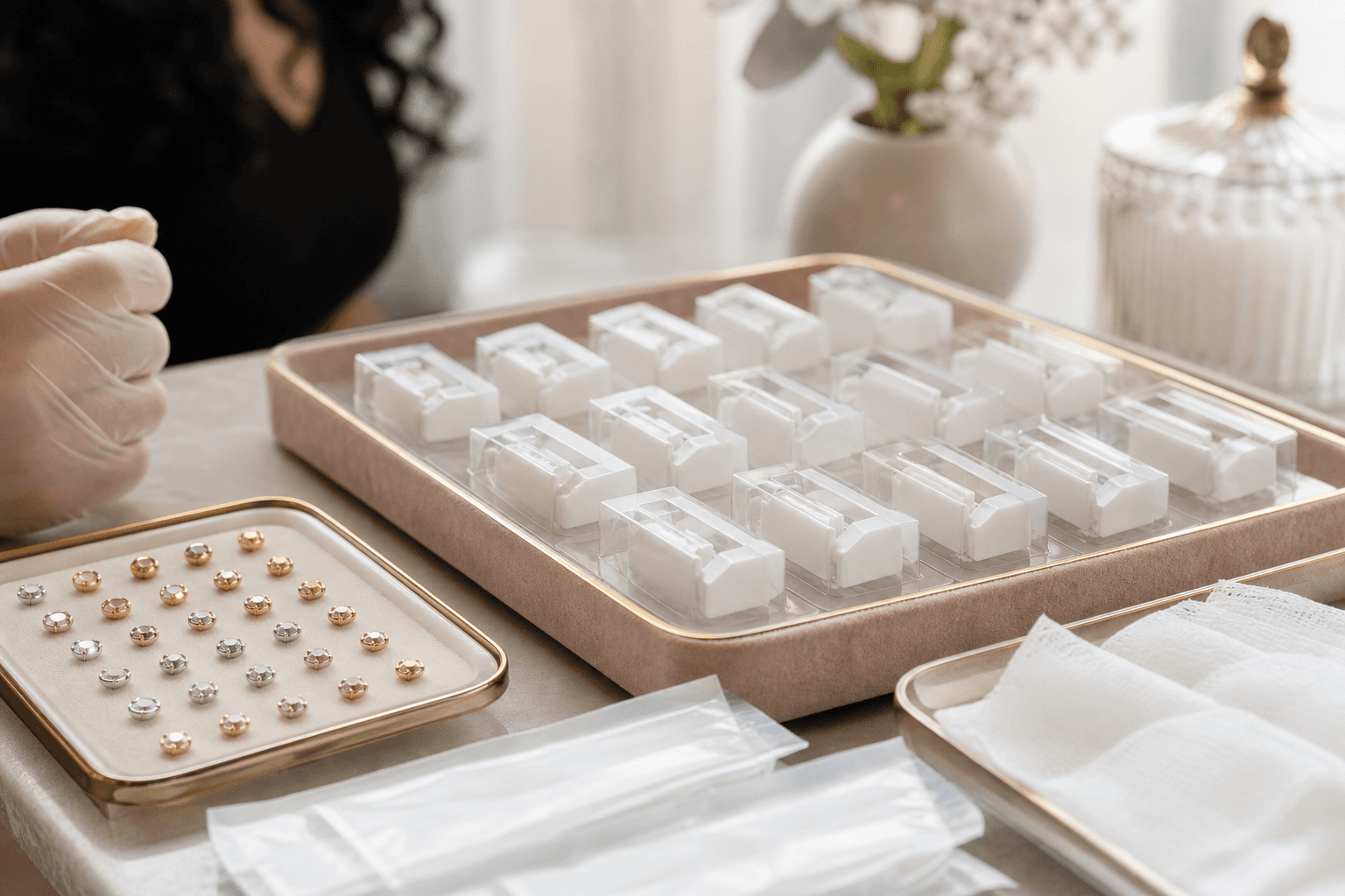 Sterile ear piercing cassettes and starter earrings arranged on a med spa consultation table.