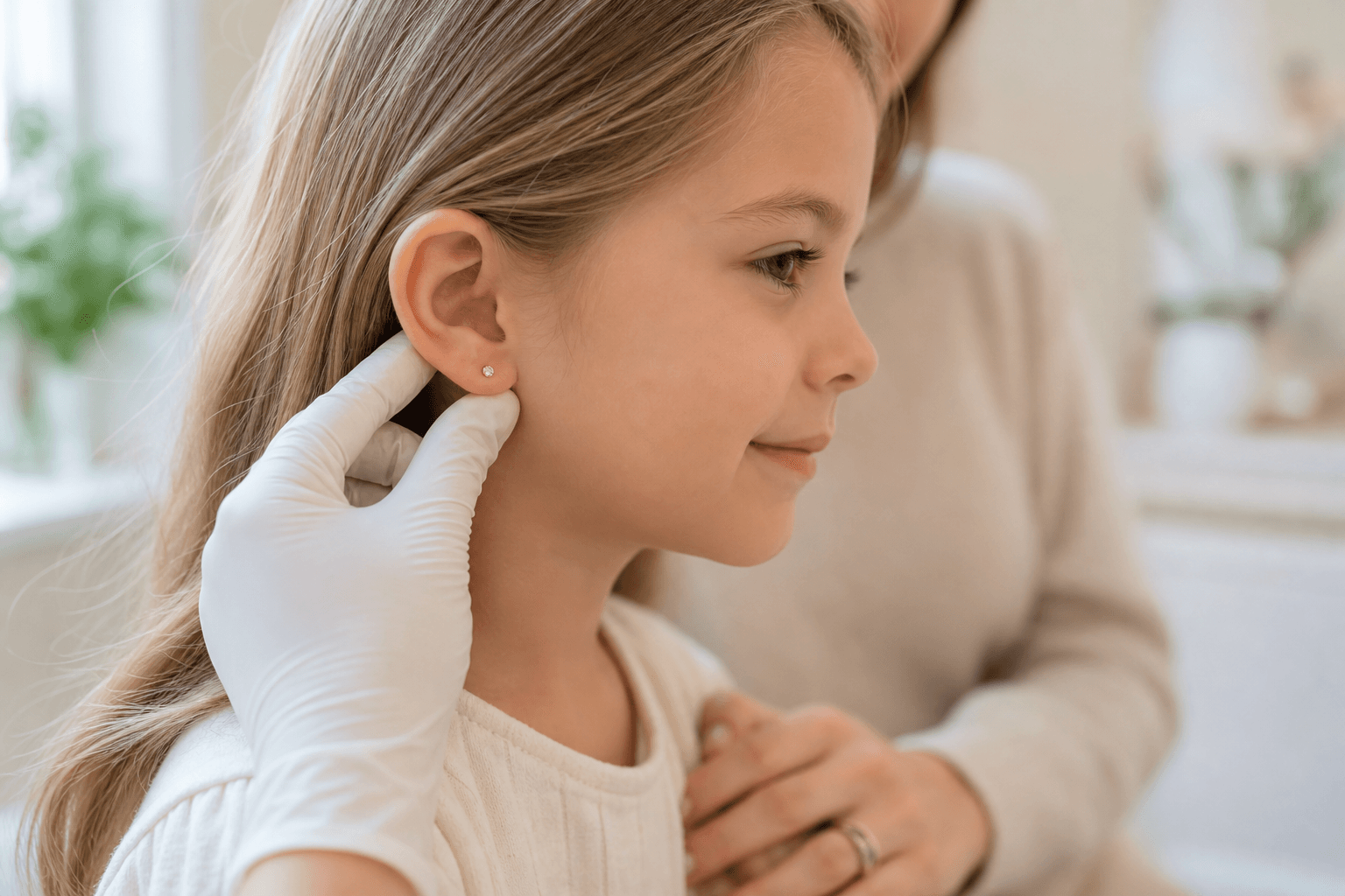 Calm child with a starter ear piercing during a boutique med spa consultation.