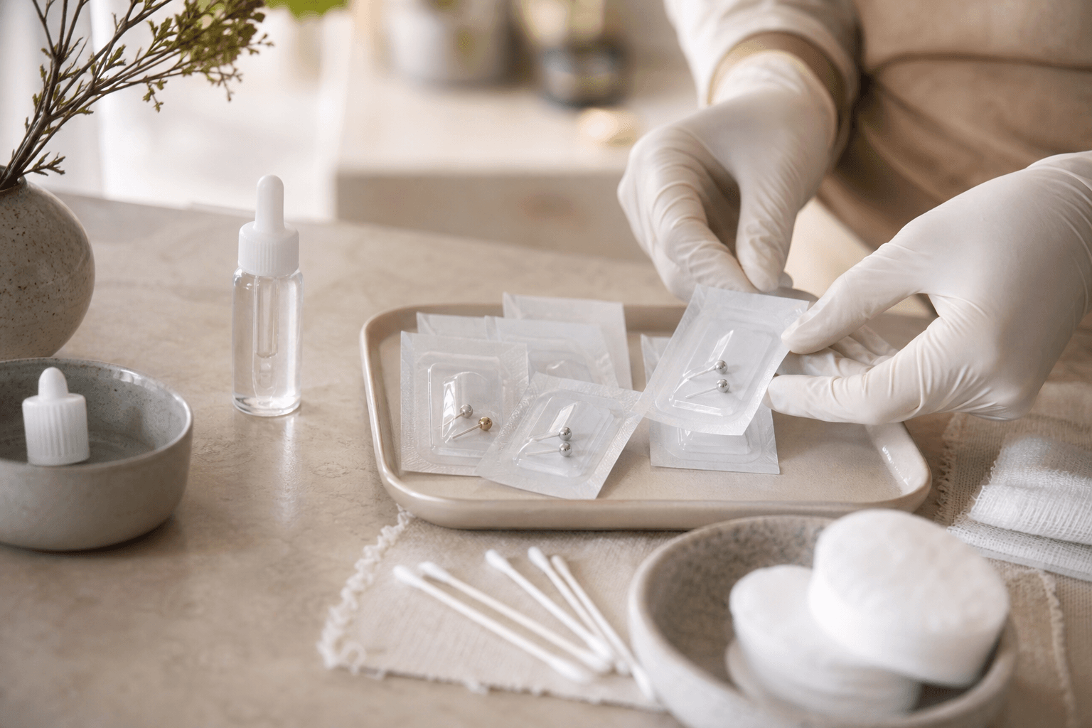 Blomdahl hypoallergenic starter earrings for sensitive ears arranged on a clean med spa tray.