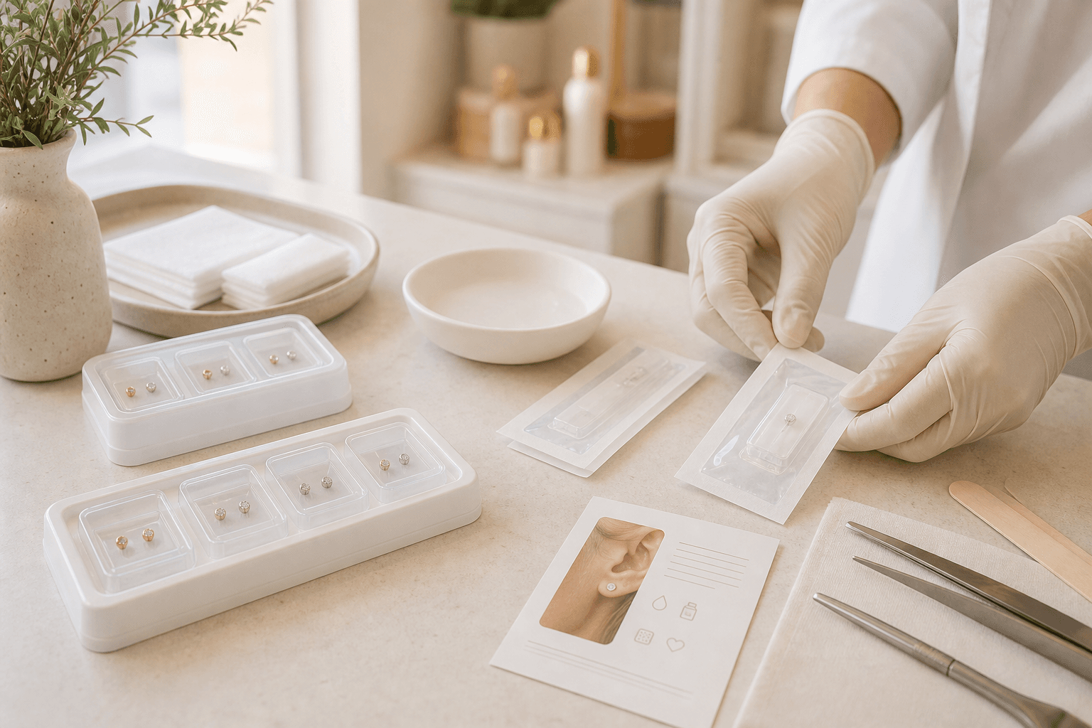 Sterile medical ear piercing supplies arranged on a boutique Williamsburg med spa consultation table.