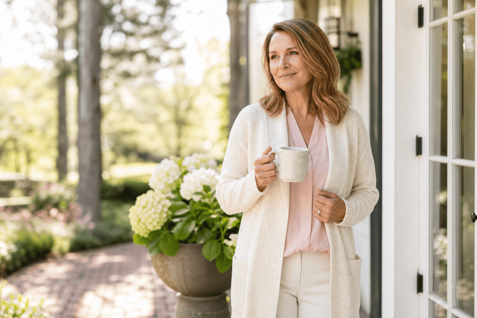 Woman feeling confident and comfortable in a warm lifestyle wellness setting.