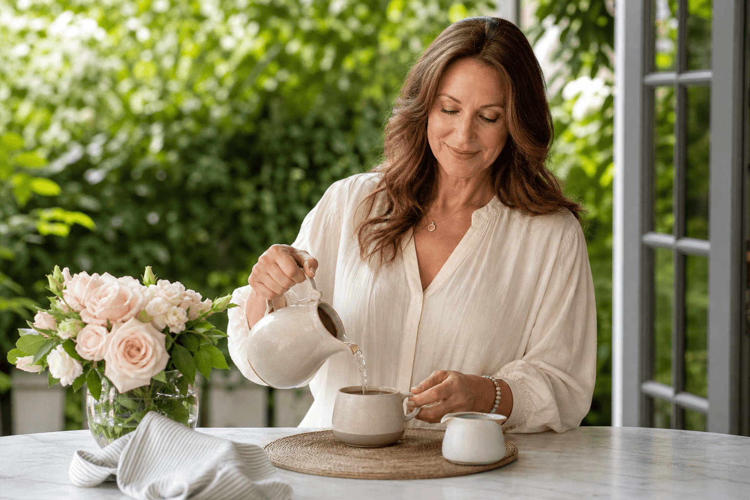 Woman enjoying a warm hydration-focused wellness moment in a bright home setting.
